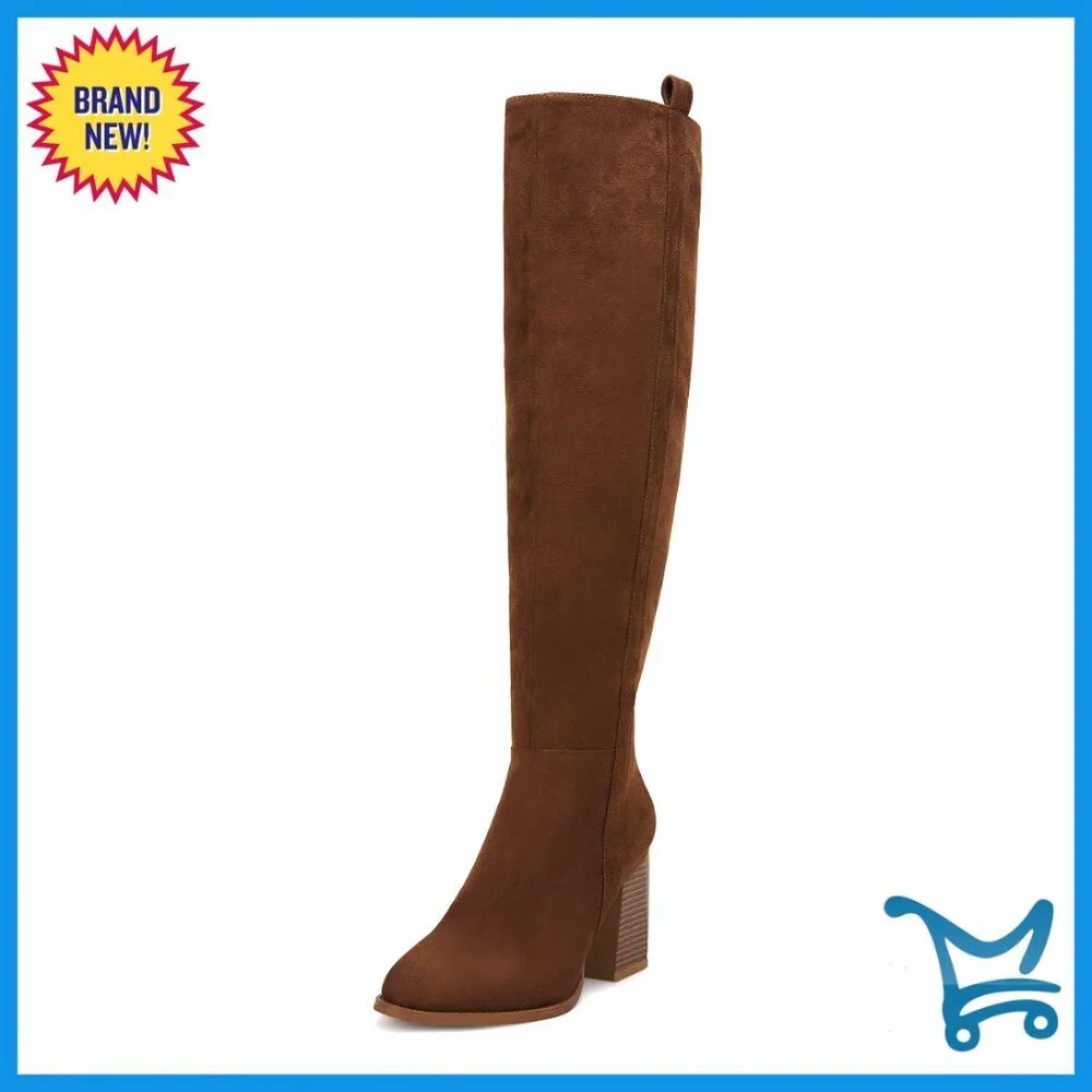 Faux Suede Knee High Boots Side Zipper Chunky Heel Stretch Winter
